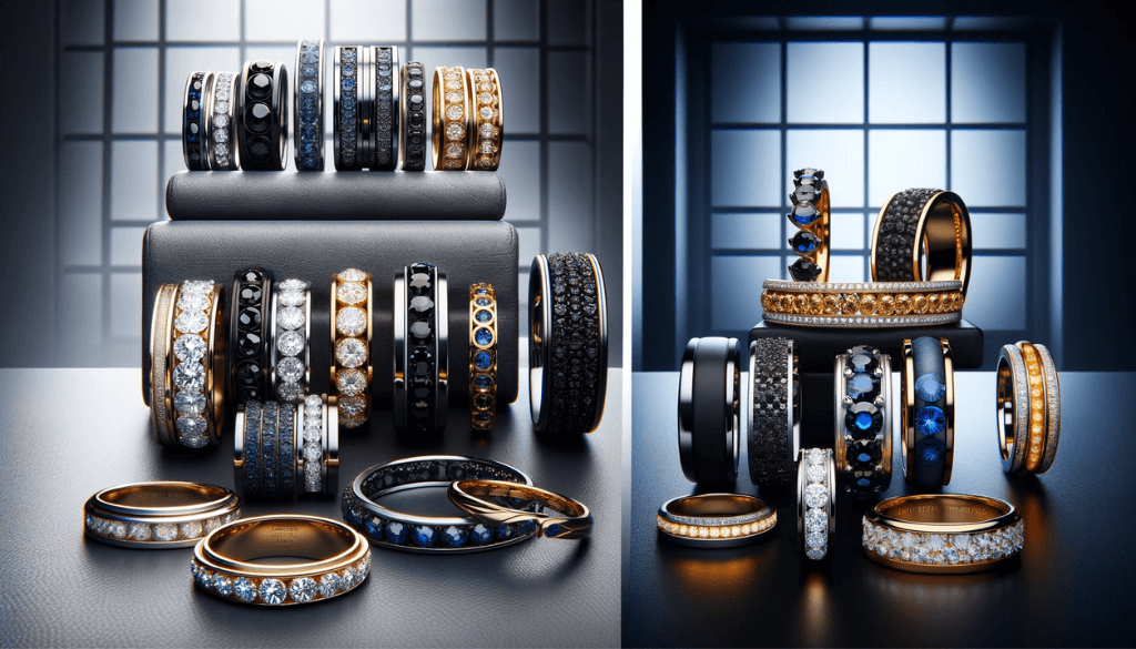 Sophisticated men's eternity band displayed on refined leather surface, featuring rows of diamonds and gemstones set in platinum, white gold, and yellow gold.