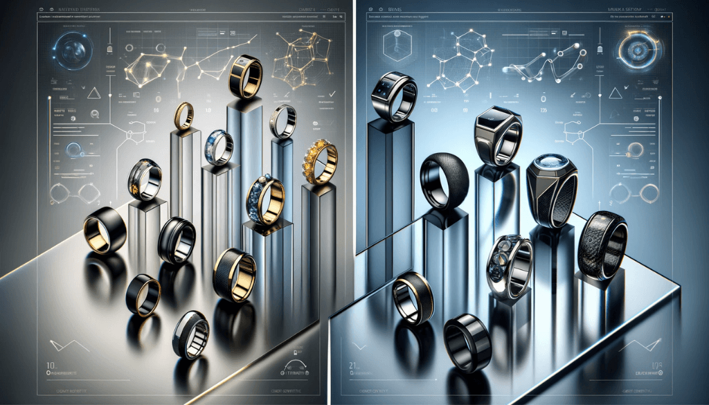 Chronological display of men's rings evolving from classic gold bands to modern black titanium and carbon fiber on a glass surface.