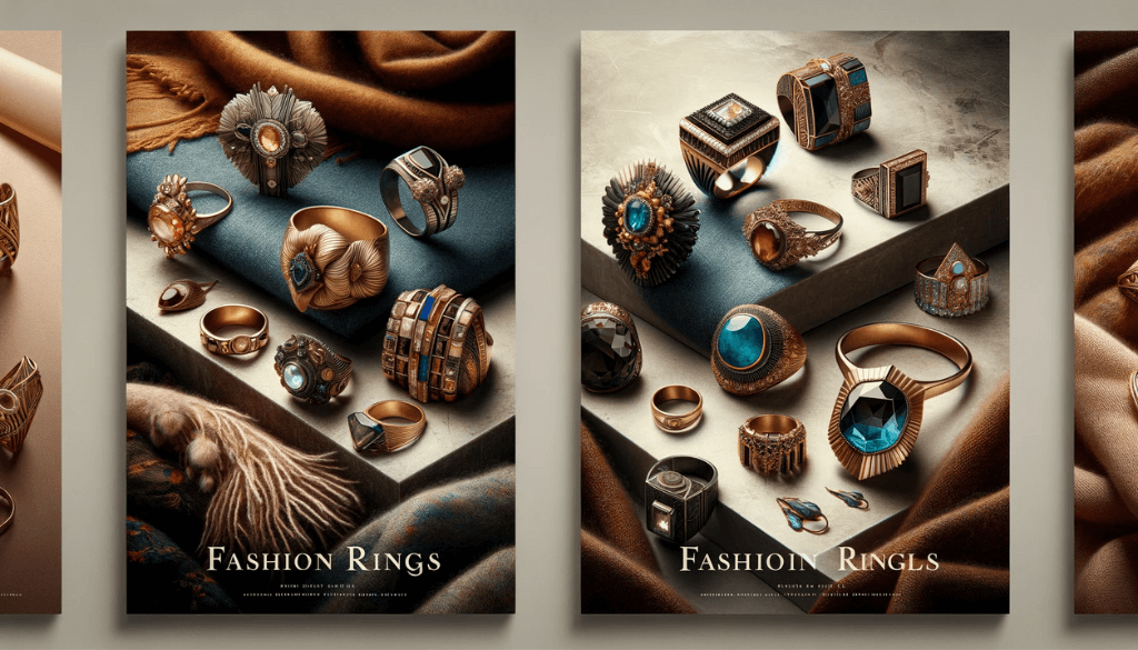 Eclectic and trendy fashion rings against a modern, artistic background.
