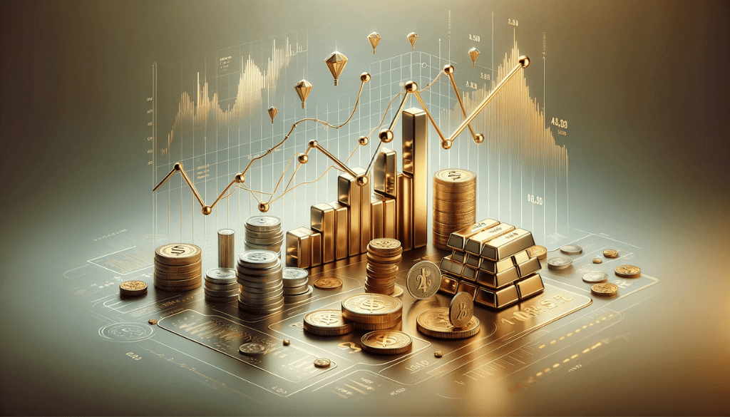 Abstract representation of fluctuating gold market prices with dynamic graph and gold bars.