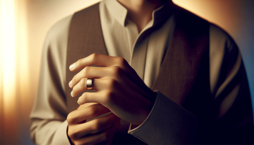 Man's hand with a medium complexion showcasing a brushed titanium comfort fit wedding band.