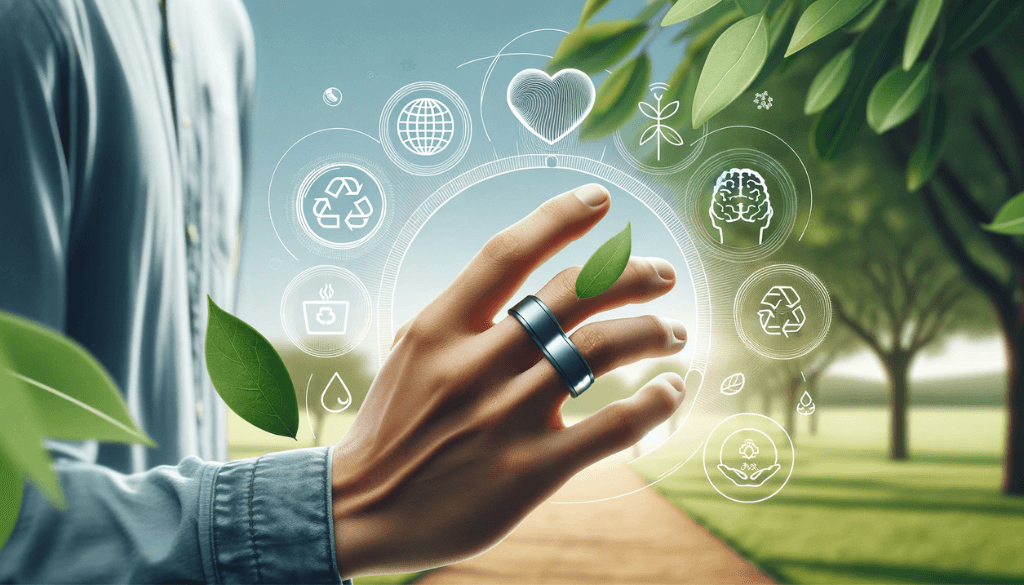 South Asian hand with silicone ring, surrounded by health icons in a natural setting.
