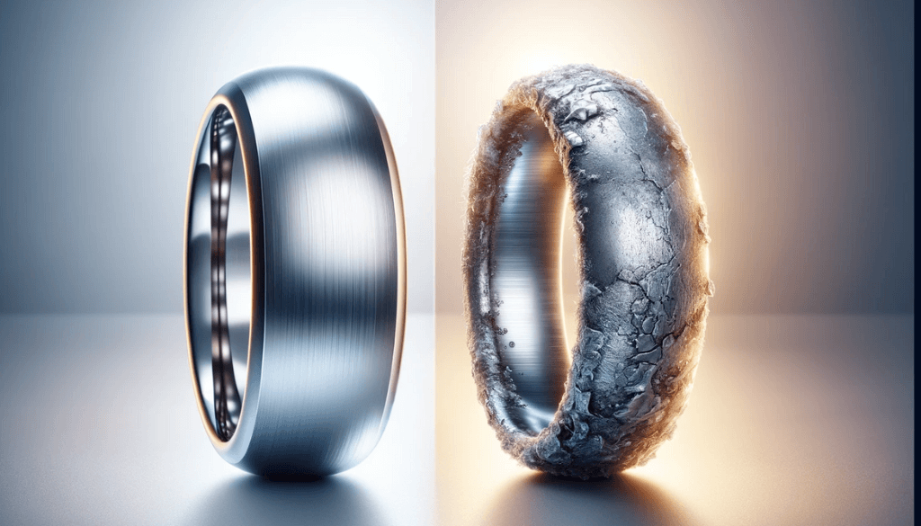 Closer view of a pristine titanium ring and a corroded metal ring, highlighting their contrasting reactions.