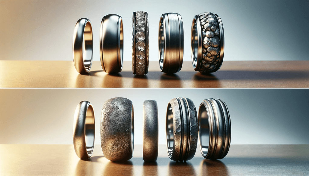 Close-up of a titanium ring's unblemished surface compared to the worn textures of other metal rings.