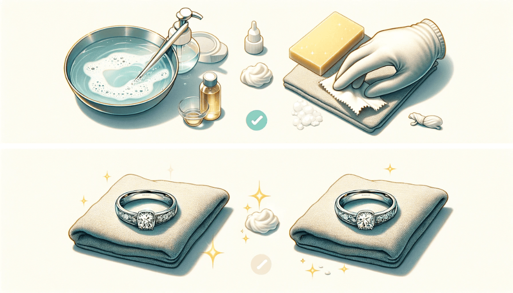 A sparkling clean titanium ring after cleaning, displayed on a soft cloth with cleaning materials.