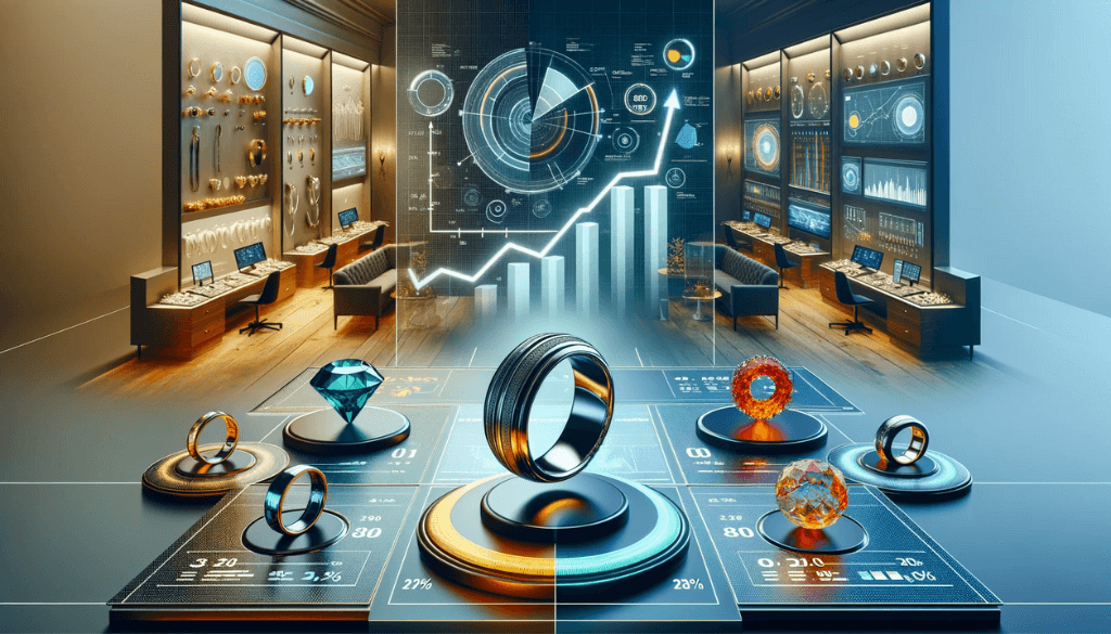 Sophisticated digital market analysis graph displaying the growth of the silicone ring industry with 3D pie charts, bar graphs, and a high-tech background.