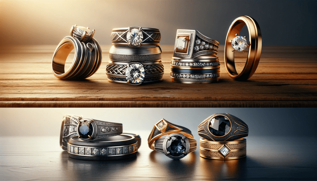 Traditional men's engagement rings on a vintage wooden table, featuring solitaire diamond rings and classic metal bands.