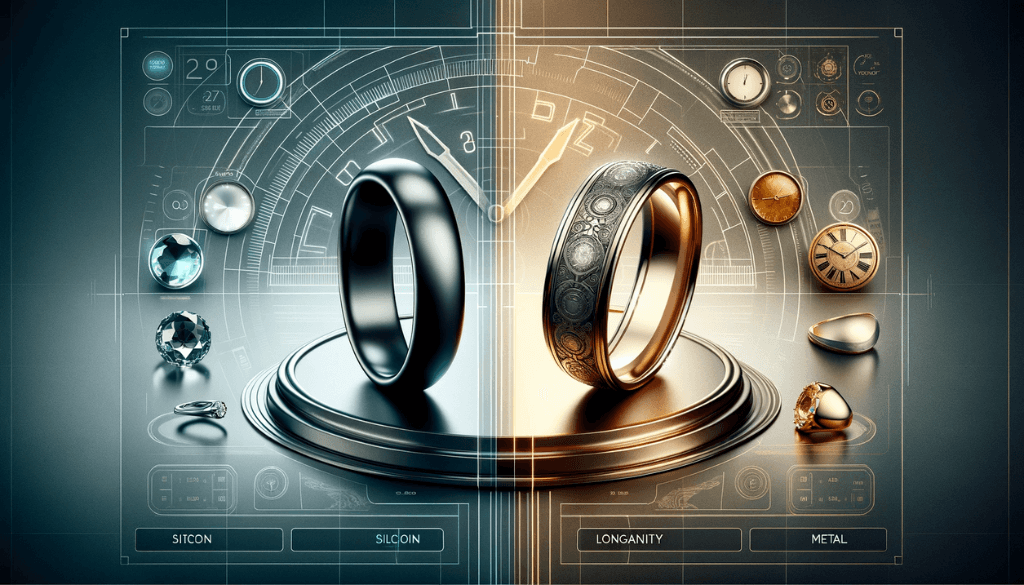 A modern silicon ring set against a futuristic motif on the left, and an elegant metal ring against an ancient stone texture on the right.
