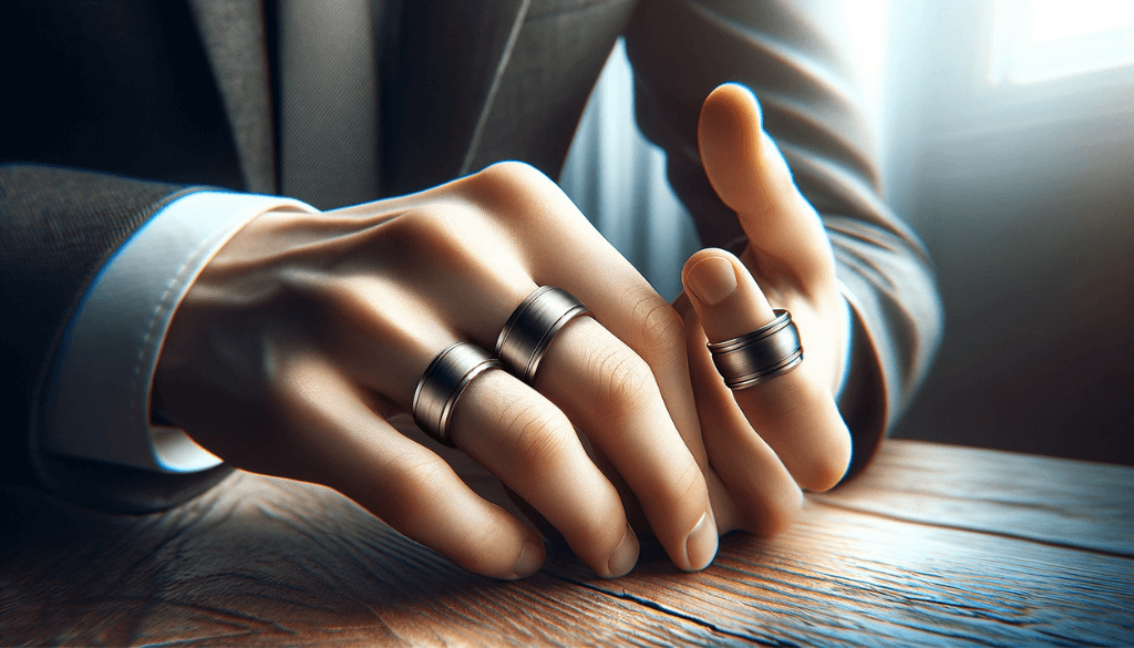 Close-up of a titanium ring on a man's finger, showcasing perfect fit and sleek design.