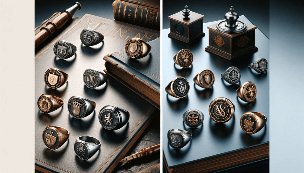 Classic signet rings on an antique wooden desk with vintage books and inkwell.