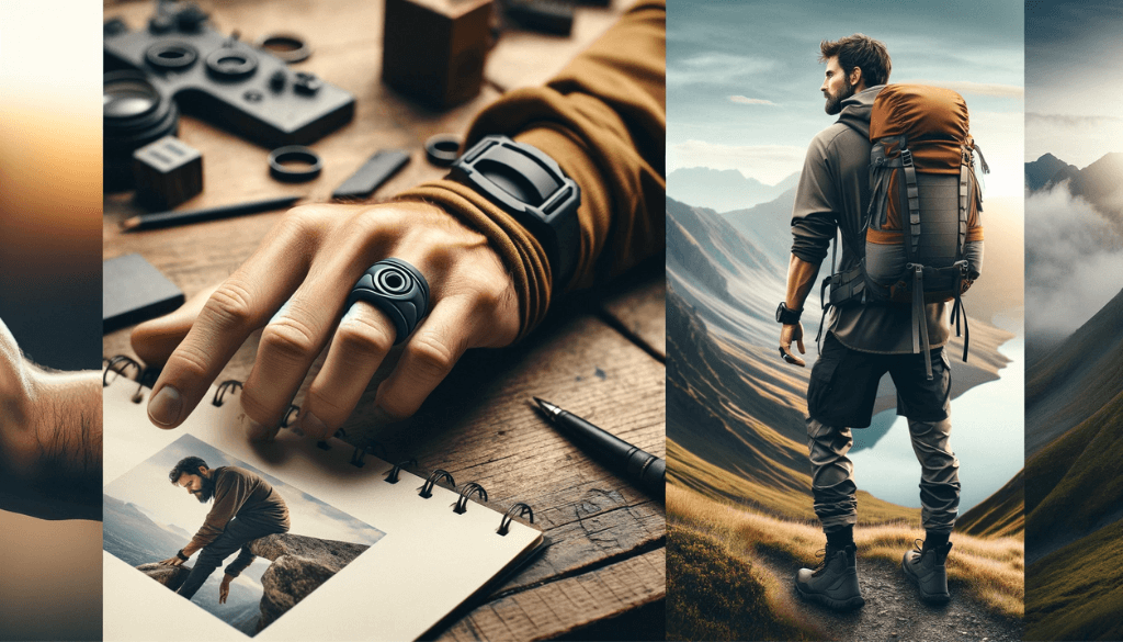 Man hiking with a sporty silicon ring, set against a natural landscape backdrop.