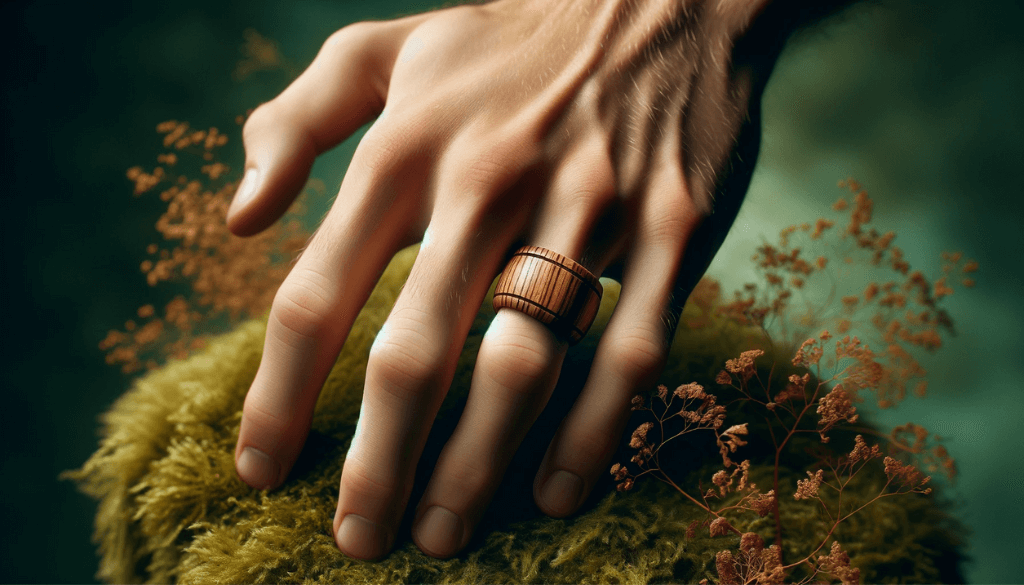 Close-up of a wooden ring on a dark-skinned hand, against autumn leaves.