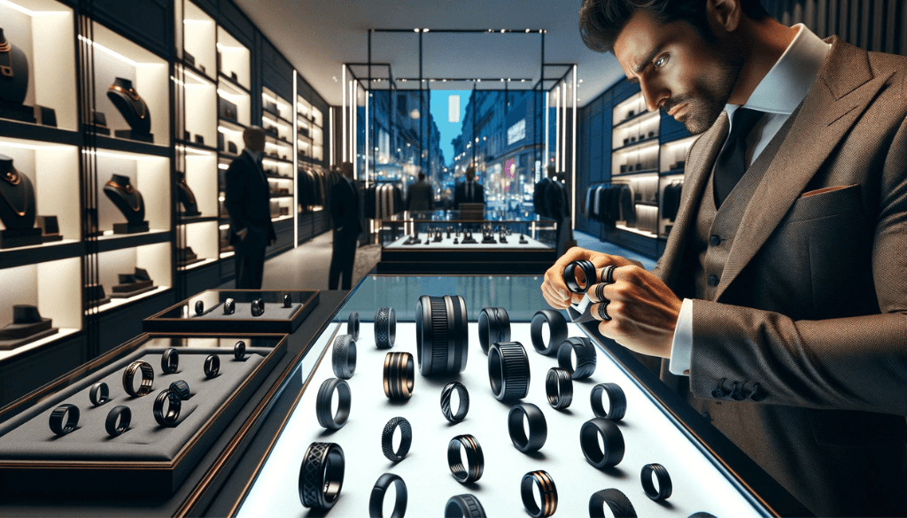 A stylish setting in a men's fashion store with display cases of silicone rings and a well-dressed man examining a black silicone ring.