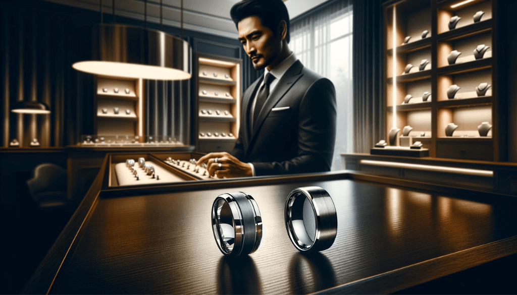 Close-up of a silver titanium ring and a tungsten ring on a polished dark wood surface, showcasing their sleek designs.