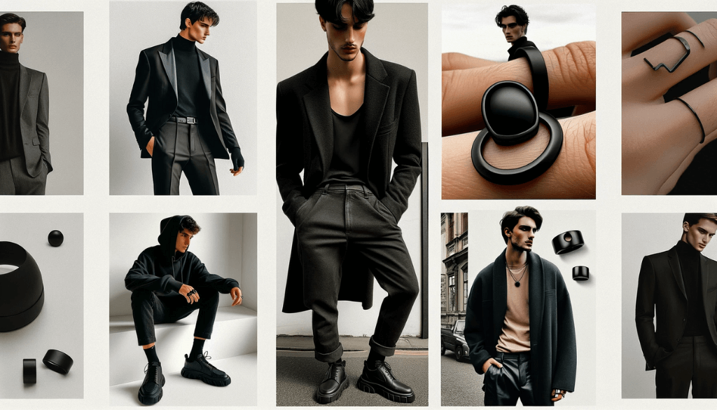 Fashion-forward display of gender-neutral outfits paired with black rings, highlighting modern and stylish looks.