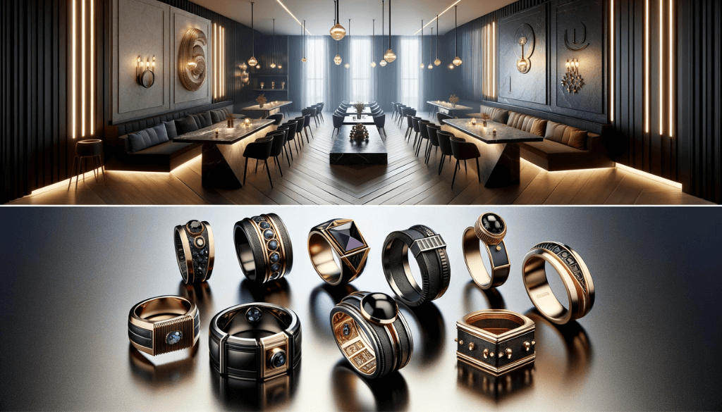 Luxurious men's rings with intricate metalwork and unique stones on a dark marble surface, reflecting the opulent trends of 2023.
