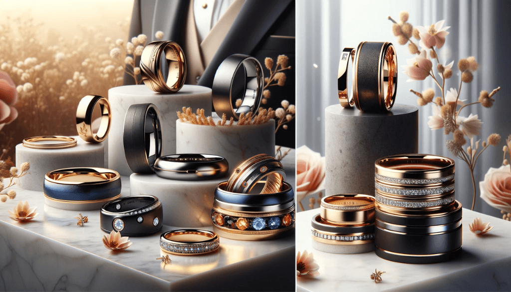 Modern wedding bands in unique materials and designs, presented on a sleek, contemporary background.