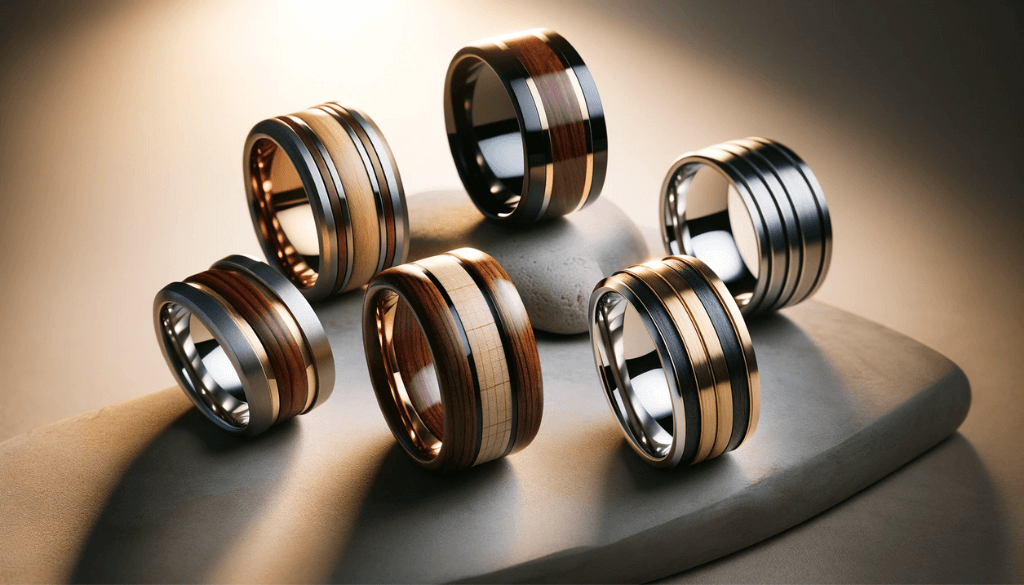 Display of four rings with combinations of wood and metal on a dark wooden background.