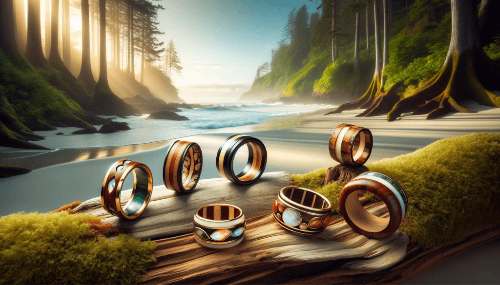 Rings combining wood and shell displayed on moss in a lush forest setting.