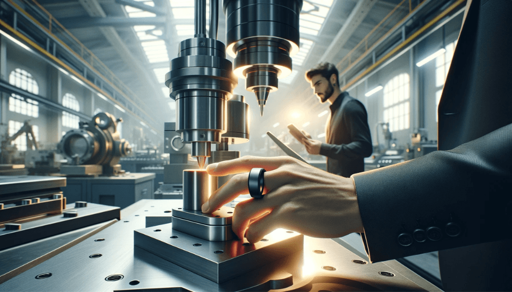 Skilled individual engaged with high-tech machinery, showcasing a prominent silicone ring in an elegant workshop setting.
