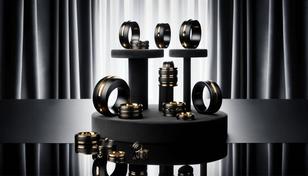 Black titanium and gold rings on a reflective black glass surface.