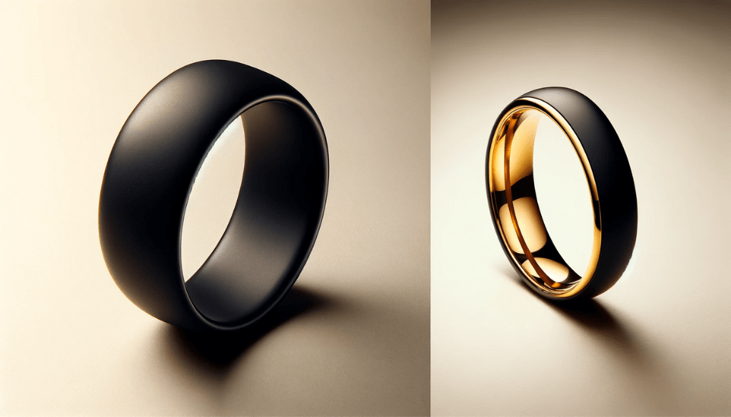 Side by side close-up of a black silicone ring and a gold metal ring from a different angle.