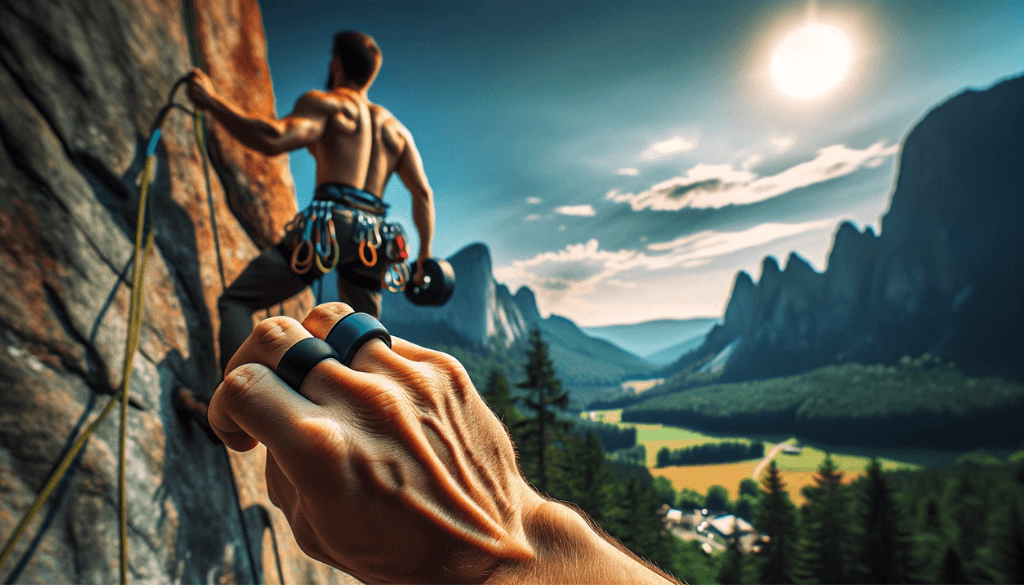 An individual rock climbing outdoors, with a distinct silicone ring visible on their hand against a natural backdrop.