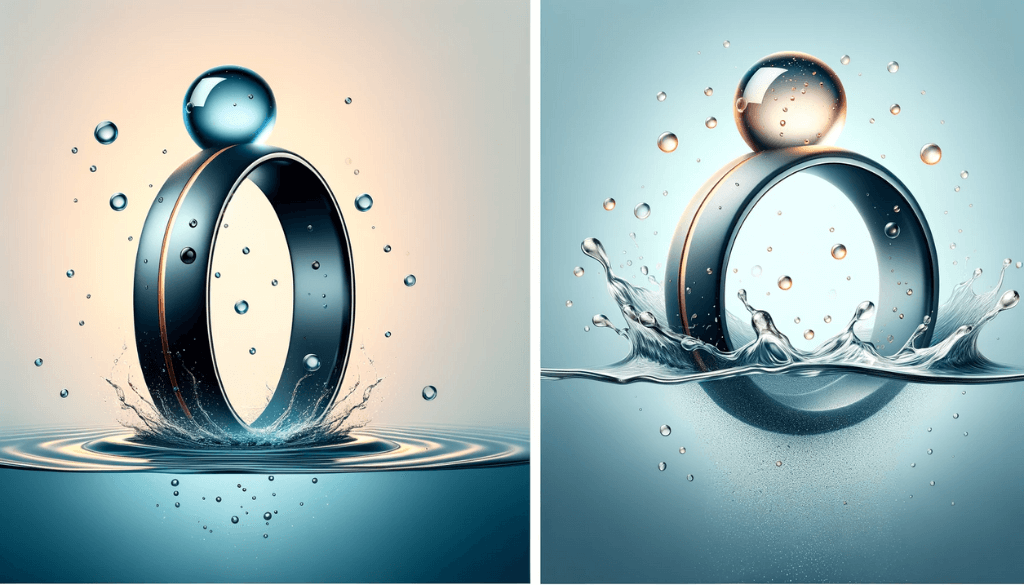 Silicone ring in a serene water-themed setting, symbolizing its compatibility with water.