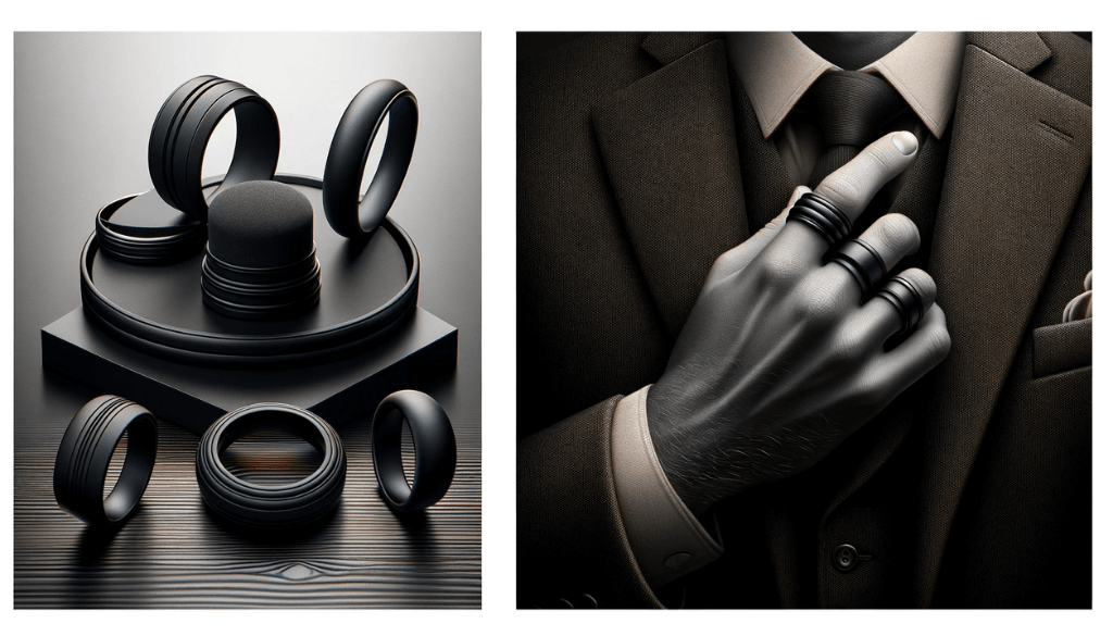 Collection of elegant black silicone rings as men's accessories.