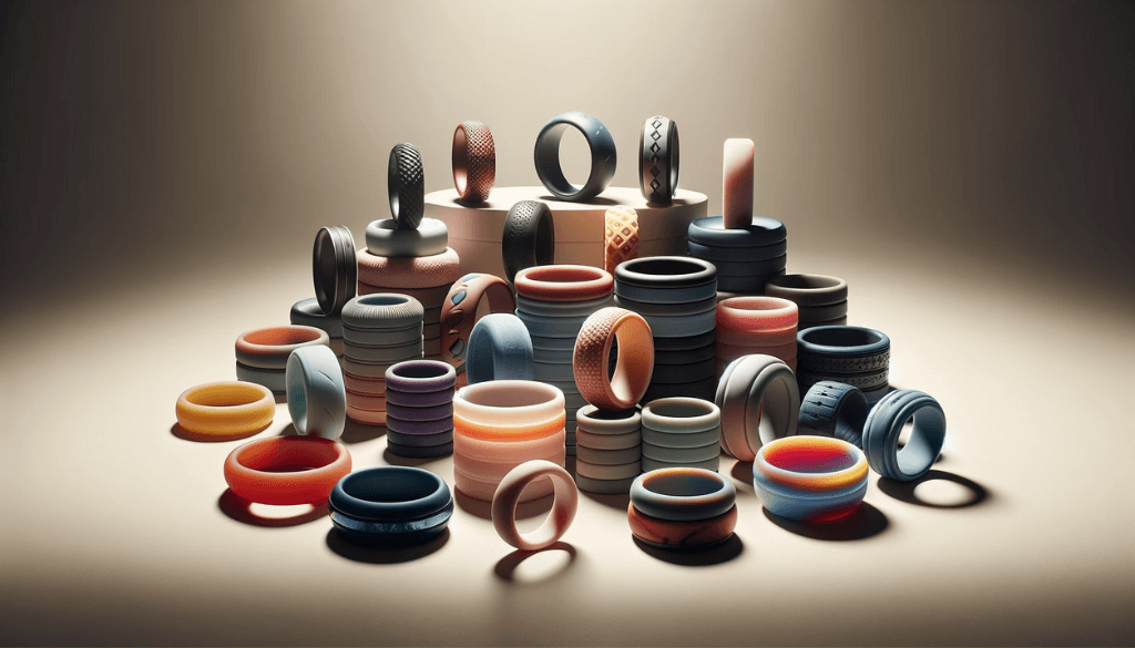 A collection of diverse silicone rings, each with unique colors and styles, displayed elegantly.
