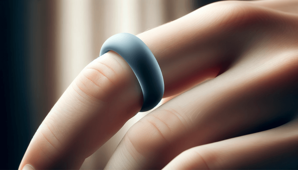 Close-up view of a silicone ring on a finger, showcasing its smooth texture and skin-friendly design.