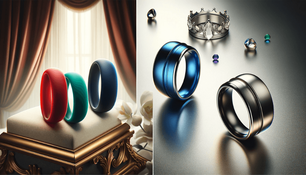 A different angle view of three colorful silicone rings and a metal ring against a luxurious backdrop.